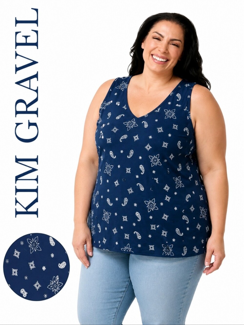 NWOT BELLE BY KIM GRAVEL Womens 2X Paisley Stretch Tank Top Navy Blue A373653